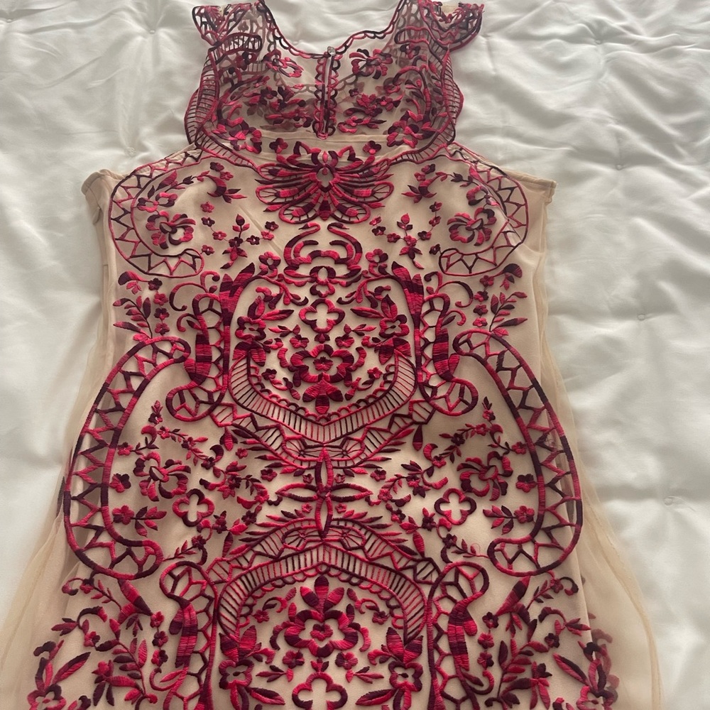 Embroidered mesh over satin lining dress